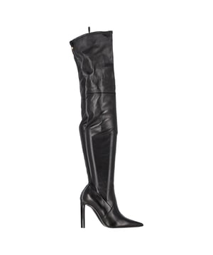 VINTAGE, RRP AS NEW
Elevate your footwear collection with the Tom Ford T Screw Over-The-Knee Boots in Black Leather. These exquisite boots feature over-the-knee styling crafted from stretch grained nappa leather in a sleek black hue. The pointed toe adds a touch of sophistication, while the zip closure at the side provides ease of wear. The rib knit lining ensures a comfortable and snug fit, perfect for all-day wear. These boots are elevated by a covered stiletto heel, adding a touch of glamour and height to your look. Finished with a leather sole and accented with gold-tone hardware, these boots exude luxury and impeccable craftsmanship. 
with Box

Tom Ford T Screw Over-The-Knee Boots in Black Leather
Condition: Excellent
Signs of wear: Include Box., No visible sign of wear. No Mark at insole.,  Very light mark at soles.
Packaging: Box
Color: black
Material: Leather | leather
Size: EU38/US8
Measurements: Heel height: 100; Insole length: 290
SKU: NAPPUGBSH402906W