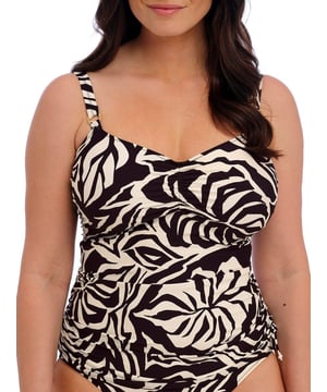 Fantasie Aruba Nights Adjustable Side Tankini Top. Underwired tankini top with a gathered centre, adjustable tie sides, concealed inner hook & eye for support and control and metallic gold ring details. Product is hand wash only.