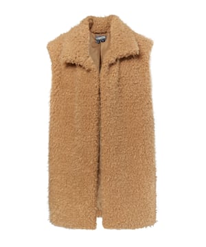 Diese in Italien gefertigte Weste von DreiMaster Vintage präsentiert sich in einer ärmellosen, knielangen Silhouette, bestehend aus weichem Faux-Shearling. Das kuschelige, offene Design verfügt außerdem über einen Klappkragen und ein geschmeidiges Innenfutter. Ganz gleich, ob Sie die Weste über einen grob gestrickten Pullover oder über eine Jacke tragen, Sie wird Ihnen garantiert viel Freude bereiten.  Jacke