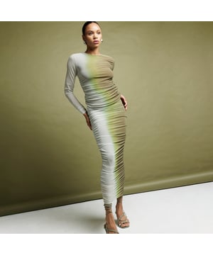 Ombre print, Mesh fabric, Ruched sides, Elasticated waist, Midi length