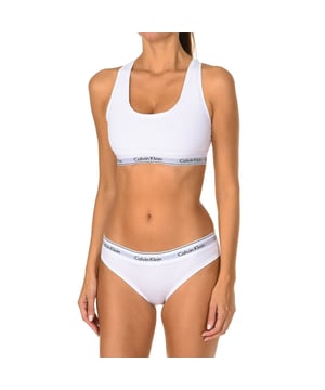 Calvin Klein Top and Briefs Set.
 White color
 Designed to guarantee comfort and softness.
 Elastic rubber, with the name of the brand embroidered consecutively.
 Inner lining.
 Seam seen to tone.

 Composition: 53% Cotton, 35% Modal, 12% Elastane

 Washing instructions:
 - Wash maximum at 40ºC.
 - Iron at medium temperature, max. 110 ° C.
 - Does not allow to use tumble dryer.
 - Do not use bleach.
 - It does not support dry cleaning.