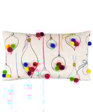 The ‘FESTIVE-VALBAUBLES’ cushion is the perfect addition for all those who love colour. Featuring a printed design on soft velvet fabric of hanging baubles, this design is complete with eclectic technicoloured pom-poms and fuchsia pink velvet reverse. The perfect injection of colour in any home this Christmas! Size: 30 x 50cm