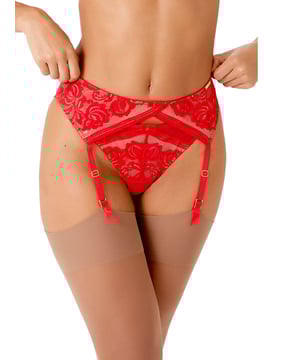 Gossard Encore Suspender Belt. With stretch lace, a straight edge and bold lace. The product is machine washable.
