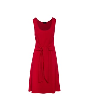 Sleeveless dress in stretch fabric: viscose-elastane. Round neckline with trim at the neckline and armholes.  Waist Tie in the same fabric attached to the sides so as to be tied at the front or back creating an easy silhouette from the waist. Loose A line silhouette. Knee length. Measurements for size 38/M (in cm):Shoulder width-33, Bust-40, Waist-42,  Hemline-50, Body length-103. 92%viscose-8%elastan