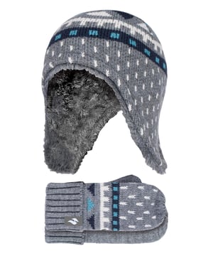 Don't let the heat escape from your child's head and hands. These Winter themed patterned accessories come as a matching set with hats and mittens for Boys. With Heat Holders latest Heatweaver® insulation, which is a plush fur-like thermal lining, further maximises the amount of warm air held close to the skin. The stretchable construction contours around the natural shape of the body for improved fit, warmth and comfort. Additionally, Heat Holders specially developed thermal yarn provides high performance insulation against cold with superior moisture breathing abilities. This cosy hat and mittens set is a must-have for this Winter and is ideal for every day casual wear! Whether your child is playing outdoors in snow, or wants to keep warm, this matching set will keep your little one wrapped up nice and warm. The soft material of the hat and mittens is soft to the touch, keeping your child's fingers and ears warm! The Heat Holders thermal lining offers an additional layer of protection and warmth, which helps to retain heat close to the skin. The long ear flaps will keep your child's ears and head warm all day! Adjust the wrist of the mittens with these ribbed turn over cuffs for a better, improve fit. The Winter theme patterns are woven into the hats and mittens which will complete any Winter ensemble! They are available in 3 different colours ranging from Black, Pebble Melange, and Navy. They are available in ages 3-6 years.