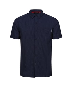 90% Polyester, 10% Viscose. Design: Logo, Patterned. Pockets: 1 Chest Pocket. Fastening: Button. Sleeve-Type: Short-Sleeved. Neckline: Turn Down Collar. Fabric Technology: Durable, Moisture Wicking, Quick Dry. Sun Rating: UPF 30+. S: 38 in. M: 40 in. L: 42 in. XL: 44 in. XXL: 48 in. 3XL: 51 in. 4XL: 54 in. 5XL: 57 in.