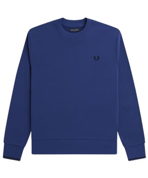 Sudadera Fred Perry Azul, 79% Algodón, 21% Poliéster, Terminaciones en cintura y mangas, Cuello redondo redondo, Logo en el pecho. Mangas ribeteadas, sudadera azul