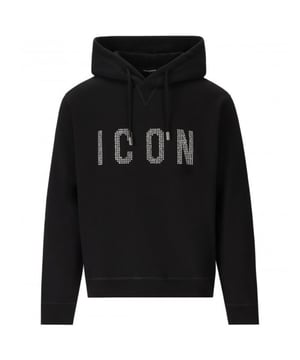Dsquared2 Black Hoodie, 100% Cotton, Elasticated Sleeve Ends and Bottom, Studded Icon Design, Made In Italy