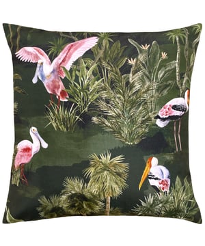 Make a statement with enchanting Platalea outdoor cushion. Featuring a scene of Spoonbills grazing in the jungle, available in two stunning colourways. Make the Platalea outdoor cushion the perfect finishing touch to your outdoor space.