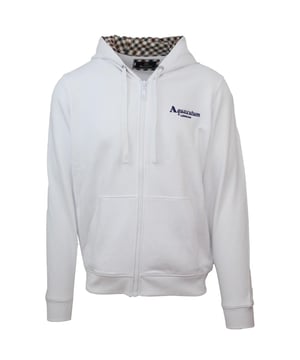 Aquascutum Classic Embossed Signature Logo White Zip-Up Hoodie. Dieser Aquascutum Logo White Zip Hoodie von Aquascutum ist die perfekte Mischung aus modisch und funktional. Er ist aus leichtem, atmungsaktivem Stoff gefertigt und hat ein stilvolles Logodetail, das jeden Freizeitlook aufwertet. Bleiben Sie heute warm und stilvoll mit Aquascutum! Elastische Ärmelabschlüsse und Taille, Kapuze mit Kordelzug. Kapuzenpulli aus 100% Baumwolle, 2 offene Taschen. Normale Passform, fällt größengerecht aus. Style Code: FCZ723 01
