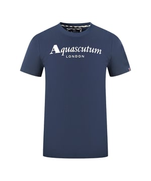 Aquascutum London Brand Logo Navy Blue T-Shirt. Feel confident and stylish with the Aquascutum Bold London Logo Navy T-Shirt. Made from comfortable materials, this T-Shirt is emblazoned with Aquascutum's London logo and features a classic crew neck and short sleeves. Step out with style and class!. Aquascutum Branded Logo Navy tee, Crew Neck, Short Sleeves. 100% Cotton, Regular Fit. Fits True To Size. Style Code: T00323 85