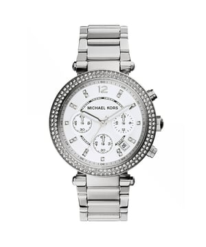 Michael Kors (MK5353) Parker Chronograph Silver-Tone Stainless Steel Watch  Made of high-quality stainless steel  Features a gemmed bezel and markers  Multi-dial design for added functionality  Luminous hands for easy readability  Deployant closure for a secure and comfortable fit  39 mm case size  20 mm band width  Designed for women