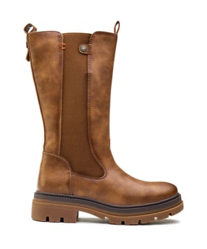 Botas Refresh de mujer en color marrón, fabricadas en sintético y suela de goma. Incluye: trabilla en el talón / cremallera interior, forro acolchado, suela con tacos, refuerzo elástico y altura del tacón 4cm.