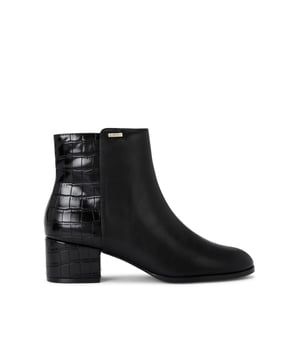 This KG Kurt Geiger Callie Ankle Boot features a black upper with a croc embossed accent on the back panel. There is a small gold branded plate on the outer side of the ankle. Heel height: 4.5cm. This product features All Day Long technology.