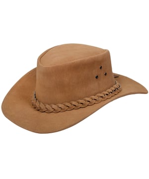 Sombrero de estilo western australiano de gamuza auténtica. La corona está adornada con una banda trenzada. Es duradero, elegante y ligero, y tiene una calidad increíble. Fabricación de primera calidad, precio excelente, estilo western australiano, sombrero de estilo western de cuero, excelente relación calidad-precio, ojales en la corona para ventilación, cómodo y ligero, disponibilidad de stock en el Reino Unido