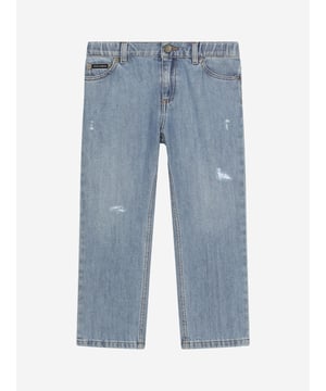 Dolce & Gabbana utilise new technological properties to create captivating aesthetics. These boys regular jeans are part of the FW24/25 Boy‚  Collection. A cool, laidback collection that boasts a ‚Äúcalligraphic-naturalistic‚Äù Majolica accent. Crafted in a 5-pocket cotton denim jeans with branded metal tag and rips. He will be obsessed. Made in Italy Denim Oversize Fit Belt Loops On Waistband Inner Waistband With Adjustable Elastic Zipper and Branded Metal Button Fastening Branded Label On Coin Pocket 100% Cotton