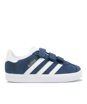 CQ3138Infant Boys Gazelle TrainersInfant Boys adidas Originals Gazelle Trainers in collegiate navy - footwear white.<BR><BR>- Premium suede upper.<BR>- Triple hook and loop closure for easy on-off.<BR>- Comfortable textile lining.<BR>- Padded collar.<BR>- Textured tongue with moulded Trefoil branding.<BR>- Synthetic leather 3-Stripes to sides with foil print Gazelle branding.<BR>- Synthetic leather heel patch with printed Trefoil branding.<BR>- Removable Ortholite sockliner for comfort and odour control.<BR>- Rubber cupsole.<BR>- Suede upper  Synthetic and textile lining  Synthetic sole.<BR>- Ref: CQ3138
