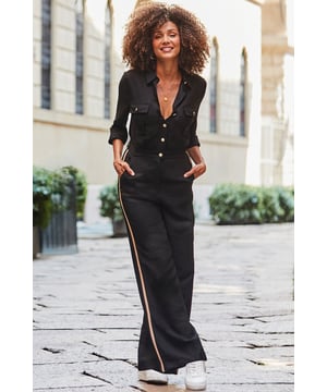 We've done the styling for youSmart button-front silhouette - it'll be your new 9-5 favouriteCinched waist and comfy-chic wide legs Soft crepe fabric drapes beautifully Sports luxe side stripe detail Think courts for work, trainers on weekends Inside leg to fit: Short 29" | Regular 31" | Long 33"