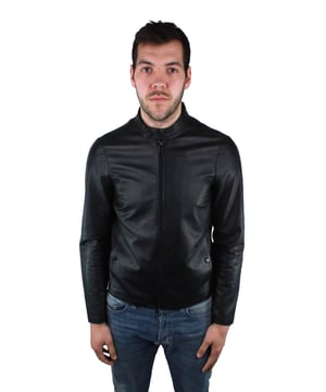 Emporio Armani 3Z1BM5 1LBAZ 999 Leather Jacket. 100% Leather. Central Zip Closure. Branded Badge On Left Pocket. Chinese Collar. Product Code: 3Z1BM5 1BLAZ 0999