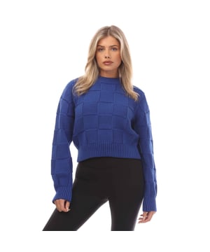 Womens BOSS Fachecka Sweater in blue.- Ribbed crew neck.- Ribbed cuffs and hem.- 74% Cotton  26% Polyamide.- Ref: 50497634-433