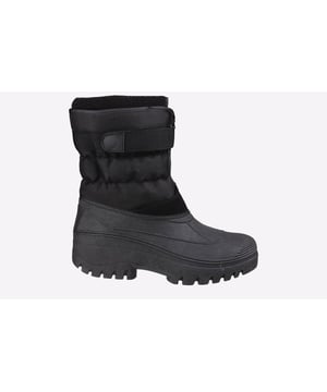 Hybride snowboot met fleecevoering, waterdichte rubberen overschoen, ritssluiting aan de voorkant en klittenbandsluiting.