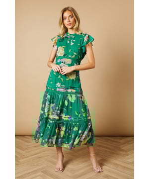 Floral Printed Chiffon Lace Insert Dress