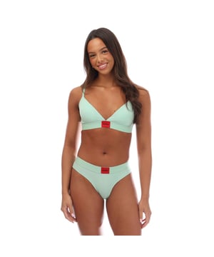 A signature triangle bra featuring a red logo label on the band by HUGO Womenswear. This design is crafted in stretch jersey with removable padding. This product is partly made with organic cotton.