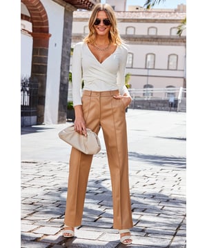 REASONS TO BUY:

They've got wardrobe staple written all over them
We can't believe they're faux leather either
High waist for a flattering fit
Elongating wide legs
Dress them down with a tee trainers and blazer
Heels and a nice top will take them out-out

Inside leg to fit: Short 29 | Regular 31" | Long 33"