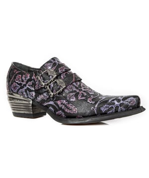 Stunning, sophisticated, and superb, these shoes excel in providing a standout look for when you're feeling bold and want to make a statement with your outfit. An intricately designed textured floral pattern decorates the entire upper of the shoe and imbues this piece with an eye-catching splash of colour. Metallic features are also introduced to contrast against the creative design, with metal buckles appearing at the leather straps and steel inserts implemented at the heel for a clean appearance. This shoe is finished in a classy silhouette which includes a pointed toe, high heel, and low platforms to complete this dress shoe which is sure to add a stylistic edge to your appearance. , Heel Height - 6cm, Platform Height - 1cm, Shaft Height - 7cm, Black Laces with metal adornments, Outer Material - Cow Hide Leather