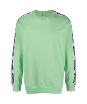 Moschino groene trui, elastische mouwuiteinden en taille, trui met ronde hals, 95% katoen, 5% elastaan, merktape rond de armen, Moschino-collectie, regular fit, valt normaal qua maat, regular fit, valt normaal qua maat, getapete schouder, Monotoon logo op de borst