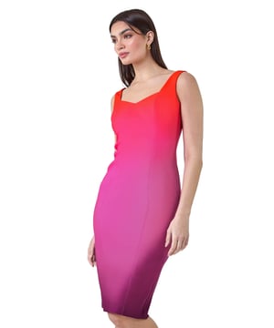 Ombre Print Sweetheart Neck Bodycon Dress from Roman. Get ready to be the best-dressed guest this season in our striking Ariella stretch dress. This knee-length stunner features an ombre pop of colour and mock corsetry detailing that creates a flattering fit. The cute sweetheart neckline and feminine, fitted shape make it a special occasion staple, topped off with wide straps for comfort and coverage. Finished with a visible zip back fastening and crafted in stretch jersey fabric, this dress exudes effortless glamour. Pair with strappy heels and a fascinator for a wedding reception or a day at the races this Summer.