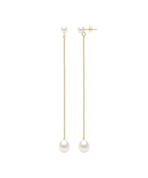 Doppelte Ohrringe aus Gelbgold – echte Süßwasser-Zuchtperlen, Knopf 5–6 mm + Birne 8–9 mm – Farbe Naturweiß – Schmetterlingsverschluss – Kettenglieder aus Forçat-Gelbgold – Länge 7 cm – Lieferung mit Echtheitszertifikat und internationaler Garantie – HERGESTELLT IN FRANKREICH