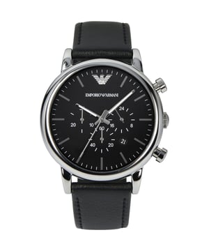 This Emporio Armani Luigi Chronograph Watch for Men is the perfect timepiece to wear or to gift. It's Silver 46 mm Round case combined with the comfortable Black Leather watch band will ensure you enjoy this stunning timepiece without any compromise. Operated by a high quality Quartz movement and water resistant to 5 bars, your watch will keep ticking. This classic chronograph watch gives a comfortable feeling with its leather strap, it's perfect for every occasion -The watch has a calendar function: Date, Stop Watch, 24-hour Display, Luminous Hands High quality 21 cm length and 21 mm width Black Leather strap with a Buckle Case diameter: 46 mm,case thickness: 12 mm, case colour: Silver and dial colour: Black