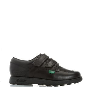 Children Boys Kickers Fragma Lo Strap Leather Shoes in Black<BR><BR>- Tonal finish<BR>- Hook and loop strap fastening<BR>- Padded collar<BR>- Iconic red and green branded tabs to sides<BR>- Smooth leather upper<BR>- Embossed branding <BR>- Leather Upper  Textile Lining  Synthetic Upper<BR>- Ref: 114832