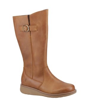 Dames bruine Hush Puppies luna laarzen, gemaakt van leer en een rubberen zool. Met: zacht leer, fleece voering, gesp aan de zijkant, rits aan de binnenkant en hakhoogte 3 cm.