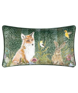 Introducing the Meadow Bloom Wilds cushion, featuring a charming forest scene with a playful fox and delicate hare, surrounded by vibrant birds and wildflowers. Printed on luxurious chenille, the cushion’s misty emerald backdrop enhances the intricate design. Finished with a bottle green reverse and piped edges, it’s a perfect blend of whimsy and elegance. Size: 30 x 50cm