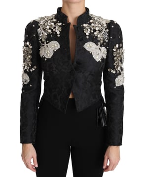 100% Authentic Dolce & Gabbana jacket
  Waist long jacket coat
  Black jacquard pattern with silver baroque detailing
  Floral Sicily motive
  Crystals and flowers embellishment
  Button closure
  Black silk stretch inner lining
  Logo details
  Made in Italy
  Very exclusive and great hand-sewn craftsmanship
  Material: 25% PC 47% PL 28% Silk
  Lining: 94% Silk 6% Elastane
Material: 25% PC 47% PL 28% Silk