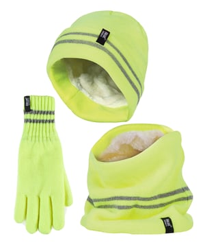We have come up with innovative ideas to keep us warm no matter what. Here is an example combining the hat, gloves and neckwarmer products into a classic reflective hi-vis 3 piece set that workers and cyclists alike definitely need on those cold and dark winter nights. This Hi-Vis Set comes with a beanie hat, a pair of gloves and a thick neck warmer and with two lines that strike on the middle are reflective bands that allow light to bounce off for higher visibility in the dark. This men's reflective set have different tog ratings: The hat is 4.7 tog rating higher than the original Heat Holders mens hat. The gloves have a 3.2 tog rating, making them 10X warmer than a normal pair of gloves and the neck warmer has 2.9 tog rating, much warmer than your standard neck warmer. This plush fur-like thermal lining maximises the amount of warm air held close to the body. Special Heat Holders yarn also provides high performance insulation against the cold and has superior moisture wicking breathing abilities. This set is a versatile and effective way to stay warm. The hat has a stretchable knitted construction, while the gloves have secure cuffs that hug the wrist firmly to retain extra heat and the neckwarmer contours around the neck and chin to keep out cold drafts. Heat Holders hi-vis sets come in 3 colours including Orange, Yellow and Black. The hat and neck warmers are available in one size and the gloves come in 2 size options: S/M or L/XL. They are made from 89% Acrylic and 11% Polyester on their outer and 100% Polyester inside. They are machine washable.