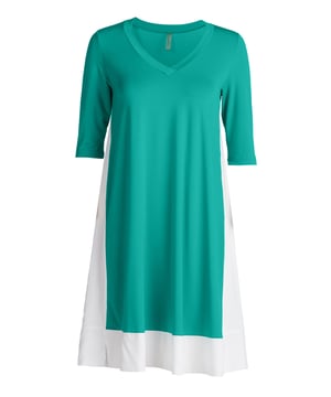 Kleid CONQUISTA aus Jerseystoff. Weißer Webstoff als Kontrast am Saum und an den Seiten. Ellenbogenärmel und V-Ausschnitt. A-Linien-Silhouette. Länge, für Größe 36/S. Länge, für Größe 36/S, 96cm