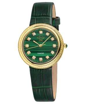 Reloj de diamantes para mujer GV2 Arezzo, caja IPYG, esfera de malchaita, correa de cuero verde italiana genuina hecha a mano