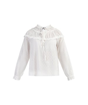 Voering: geen voering/geen voering  De romantische charme van deze DreiMaster vintage blouse vind je terug in de ruchesdetails en de rucheskraag met strikdetail. Het ontwerp is gemaakt van katoen en stippen en heeft een rechte snit met lange mouwen en elastische manchetten. Gecombineerd met denim en laarzen ontstaat een trendy contrast.  Blouse