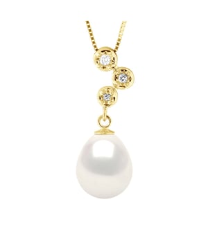 Halskette Schmuck Diamanten 0,06 ct (1 x 0,03 + 1 x 0,02 + 1 x 0,01 ct) – Qualität HSI) Gelbgold und echte Süßwasser-Zuchtperle Birne 9–10 mm – FARBE NATÜRLICH WEISS – Venezianische Kette Gelbgold – Länge 42 cm – Lieferung mit Echtheitszertifikat und internationaler Garantie. HERGESTELLT IN FRANKREICH –