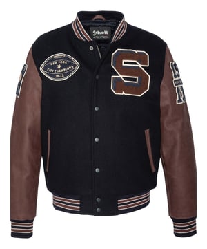 Diese kultige Varsity-Jacke ist ein Muss aus der Schott NYC® Kollektion. Der Körper besteht aus 100% Wolle, die Ärmel aus 100% Leder.