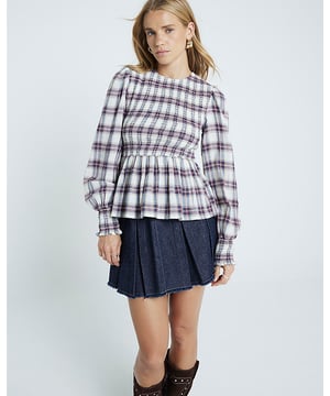 Shirred style, Crewneck, Checked print, Long sleeves