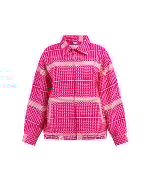 Op koele zomerdagen of -avonden is de roze en witte blouson van myMo een echte eyecatcher. Het jasje, geweven uit een katoenmix, scoort met zijn trendy etnisch patroon. In klassieke blousonstijl met opvouwbare kraag en twee zijzakken. Een zachte binnenvoering bekroont het ontwerp.  Oversized bomberjack
