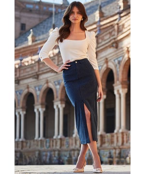 REASONS TO BUY:

Trending denim
Made with the perfect amount of stretch
Must-have midi hem
Pinstripes are having a moment
Front split for added sexiness
Tuck in vest tops, tees and knits