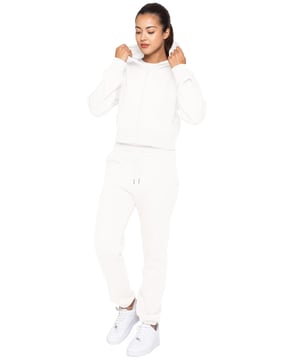 Enzo Womens Cropped Hoodie Tracksuit. Zip up sweatshirt with hood and sweatpants joggers set. Cropped hoodie and regular fit joggers with Cuffed design. Brushed back inner fleece. Cropped fit for casual wear. Essential loungewear tracksuit.