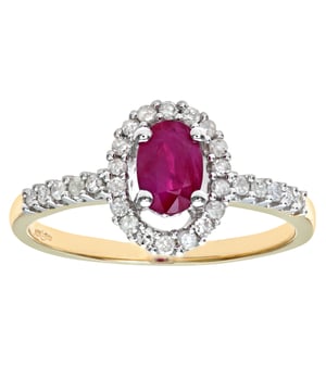 9K (375) witgoud: 2,4 gram; # Diamant: 0,24 ct; # Robijn: 0,68 ct