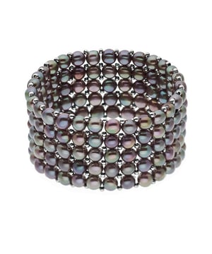 Bracelet 5 Rows of Real Freshwater Pearls 4 mm - COLOR BLACK "TAHITIAN STYLE" - Length adjustable from 14 to 18 cm - Delivered with Certificate of Authenticity and International Guarantee - MADE IN FRANCE