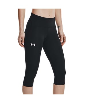 Womens Under Armour Fly Fast Capri Leggings in black.- Wide  flat waistband with interior drawcord.- Built-in storage pocket on back of waistband fits your phone.- Super-breathable mesh panels dump excess heat.- Super-light HeatGear fabric delivers superior coverage without weighing you down.- Material wicks sweat and amp; dries really fast.- Ref: 1350080001